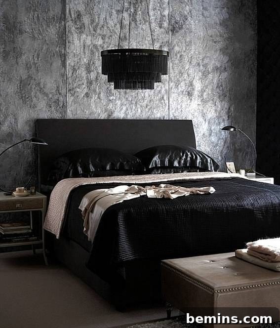 A luxurious modern gothic bedroom with a dark aesthetic, plush textiles, and romantic lighting.