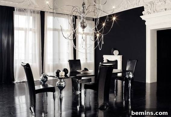A sophisticated modern gothic dining room with elegant furniture and a striking design.