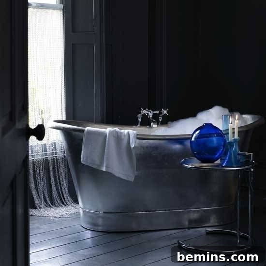 Luxurious Modern Gothic Bathroom with Unique Chain Curtain and Dark Vanities