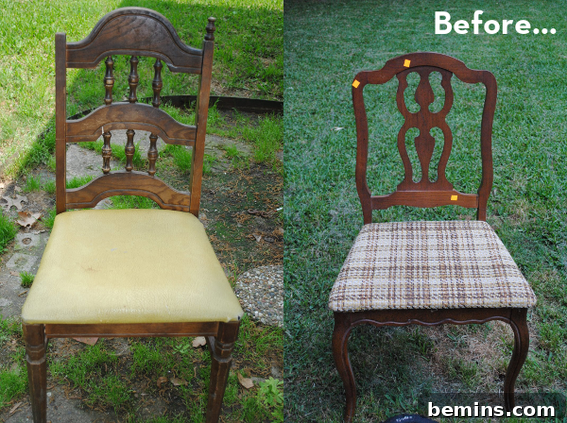 Mismatched chairs before transformation into a bench