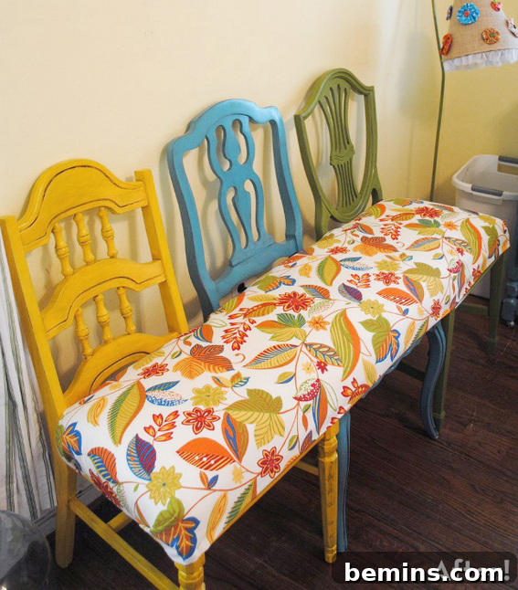 Finished chair bench made from repurposed mismatched chairs