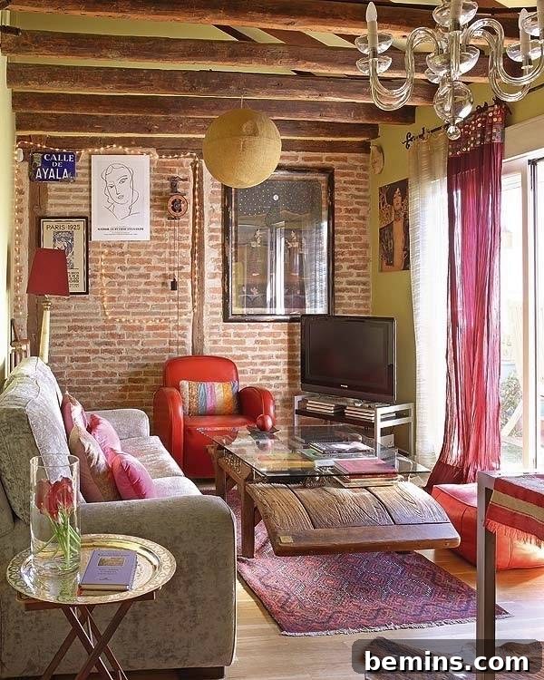 Bohemian Bliss: Interior Design to Feast Your Eyes On 4 Bohemian Living Room with Brick Wall and Exposed Beams