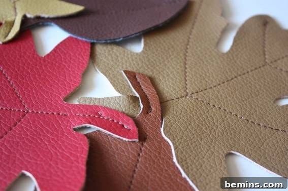 Close-up of stitched leaves. Showing how the veins help camouflage the stitches.