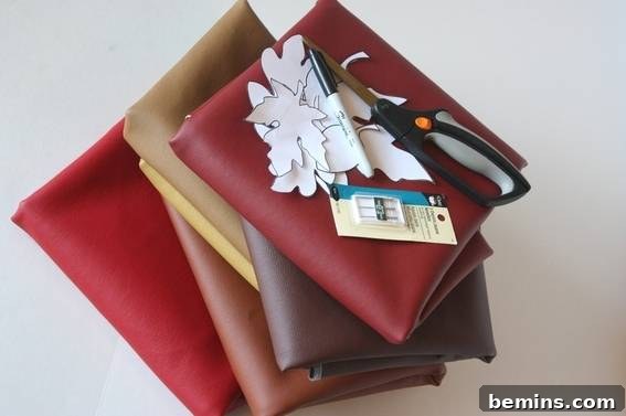 Tracing leaf shapes onto faux leather. A crucial step in creating individual leaves for your runner.