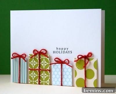 Four decorative gifts on a green and white background - scrappy christmas card idea