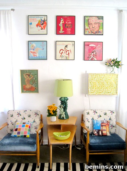 White walls adorned with colorful artwork
