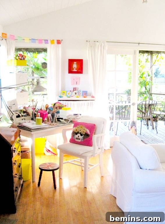 Funky artwork and vintage figurines against a white wall