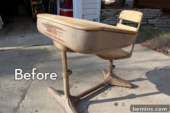 Vintage school desk before the makeover.