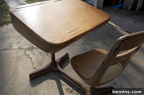 Close-up of the vintage school desk.