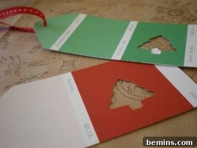 Creative Christmas: 8 DIY Paint Chip Card & Tag Projects 7 Festive Holiday Gift Tags: A collection of green and red paint chip gift tags, adding a personalized and festive touch to your Christmas presents.