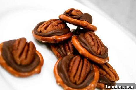 Chocolate pretzels with pecans bunched together.