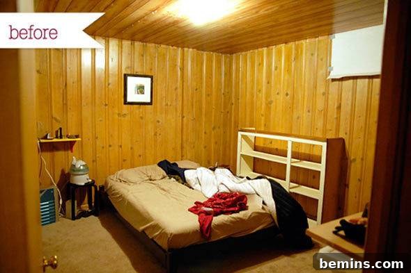 Before: A Small Bedroom with Dark Wood Paneling