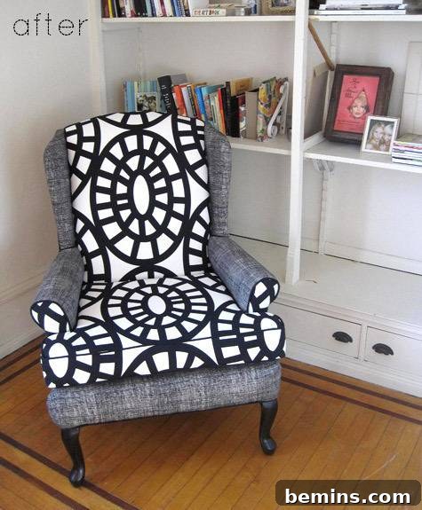 Top 10 Furniture Flips That Still Inspire 4 The finished upholstered chair now displaying a vibrant and modern design.