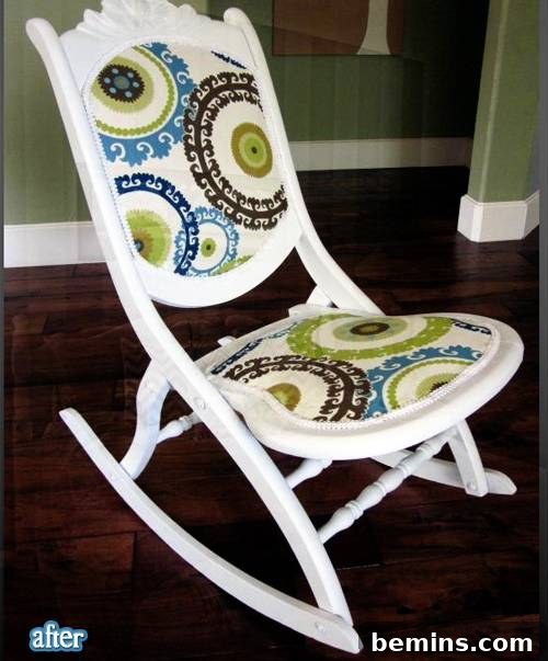 Top 10 Furniture Flips That Still Inspire 6 After picture: A brightly painted white rocker with a colorful patterned seat cushion.