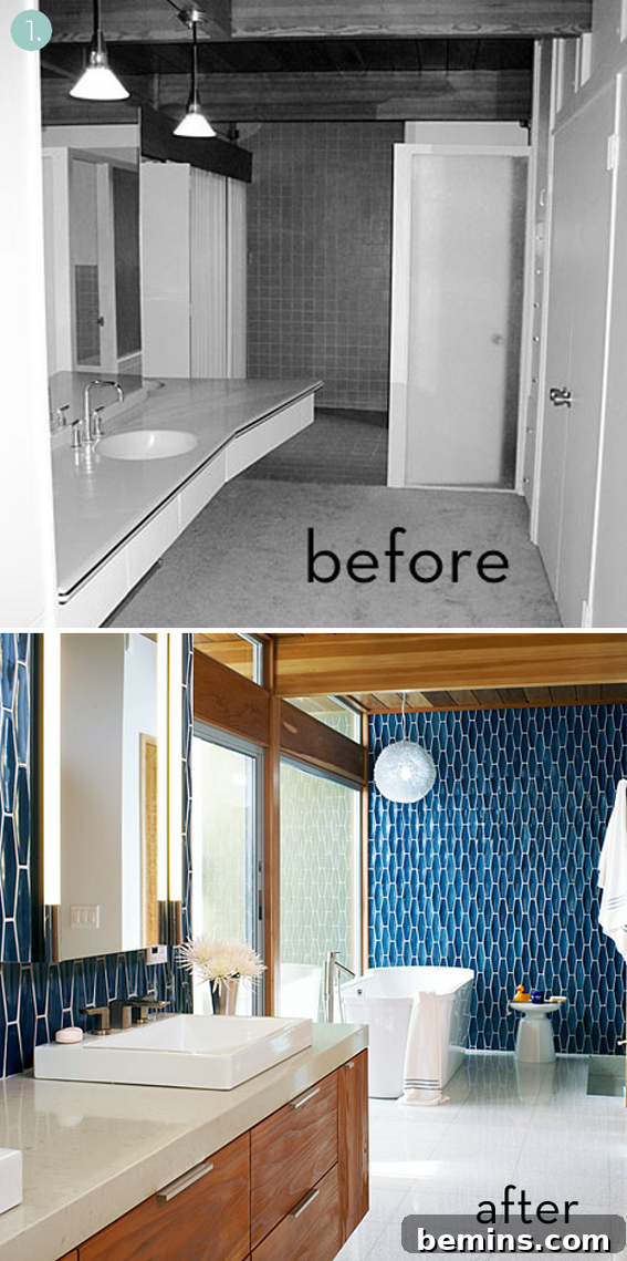 Mid-Century Modern inspired bathroom combining high and low-cost fixtures, earning the number one spot