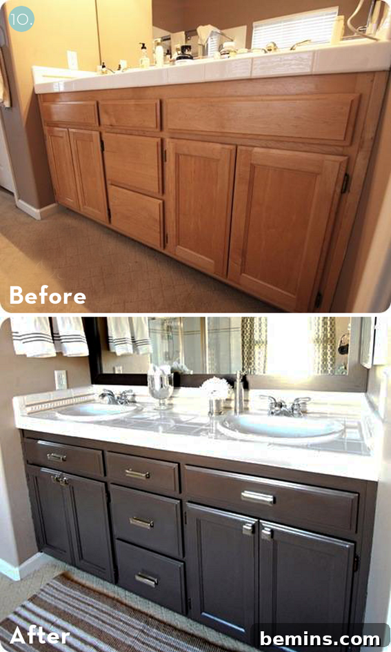 Before and after of a builder-grade oak vanity transformed with paint and new hardware