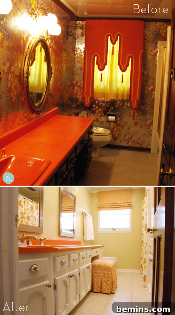 Bathroom 'makeUNDER' where garish decor was replaced for $500, resulting in a cleaner, more minimalist look