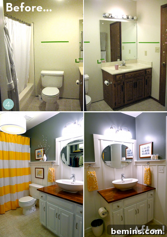 Complete master bath makeover for $500, including architectural details and a DIY shower curtain