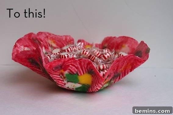 Breanna's finished unique candy bowl, showcasing its distinct and organic melted candy structure.