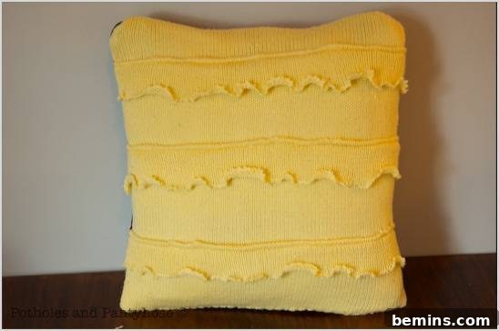 Finished sweater pillows on display