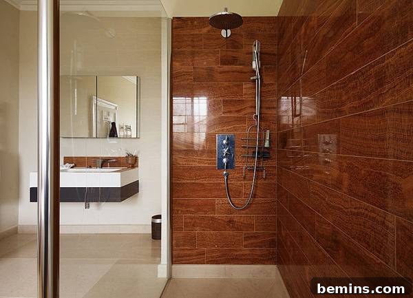 Shower Featuring Wood Look Tile Walls