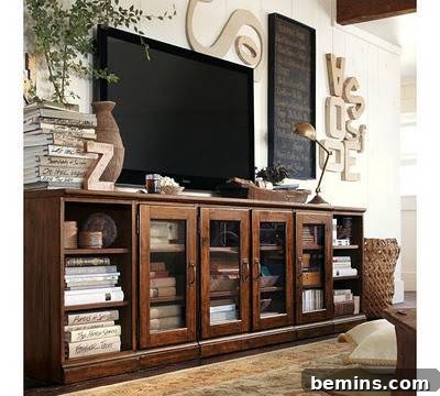 TV unit with bookshelf, Pottery Barn, showcasing how to blend media storage with stylish home décor.