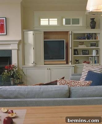 A living room design by Mahoney Architects subtly incorporates a TV into a bookcase, minimizing its visual impact.