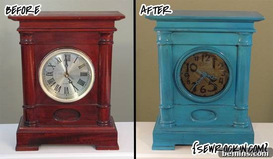 Surprise tips to transform your clock by giving makeover, showing a bright blue mantle clock with a burlap face.