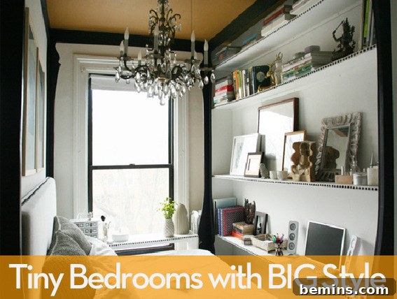 Stylish small bedroom design with a four-poster bed and chandelier
