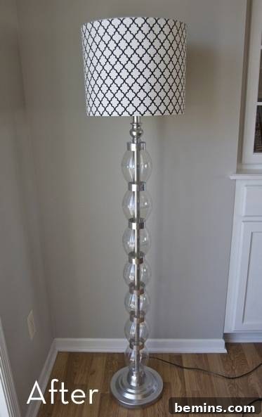 After: The transformed floor lamp, showcasing the use of Coke bottles and duct tape for a glamorous effect