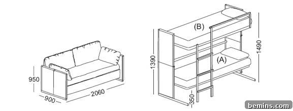 An image depicts a sofa and bunk beds and their measurements.