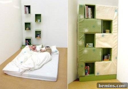 Boxes sit mounted above a wall for storage, and interlocking E like bookshelves provide lots of storage.