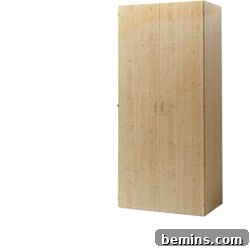 A light wooden shelf is standing alone.