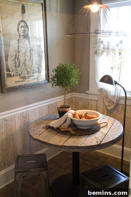 Eclectic kitchen with a floor lamp adding light and style to the eating nook