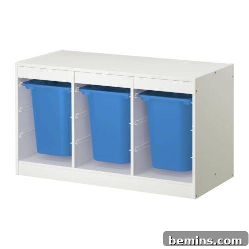 White bin rack cabinet with blue bins inside