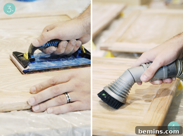 Sanding the cabinet surfaces