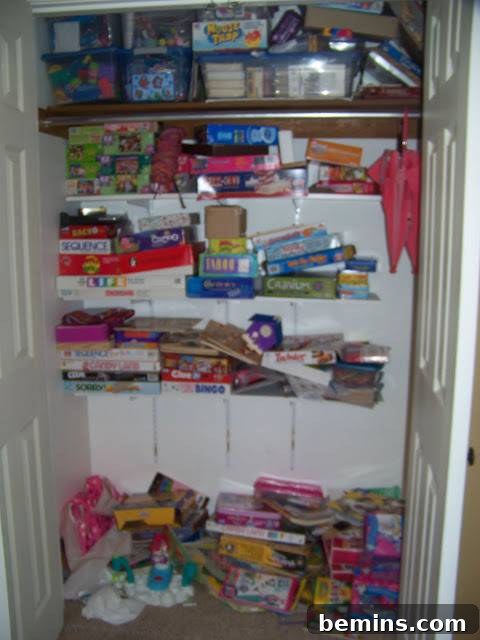 Before: A cluttered and disorganized closet