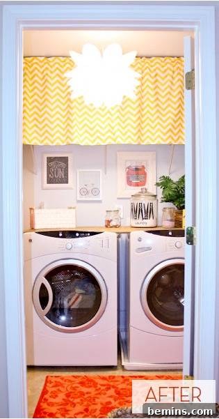 Top Laundry Room Transformations 35 Laundry room has an orange rug and yellow curtain