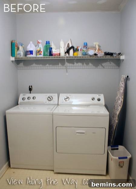 Top Laundry Room Transformations 41 Laundry room with a shelf above filled with cleaning supplies