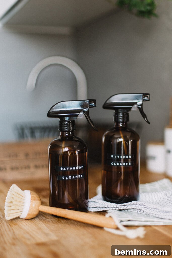 Homemade cleaning products in spray bottles. 
