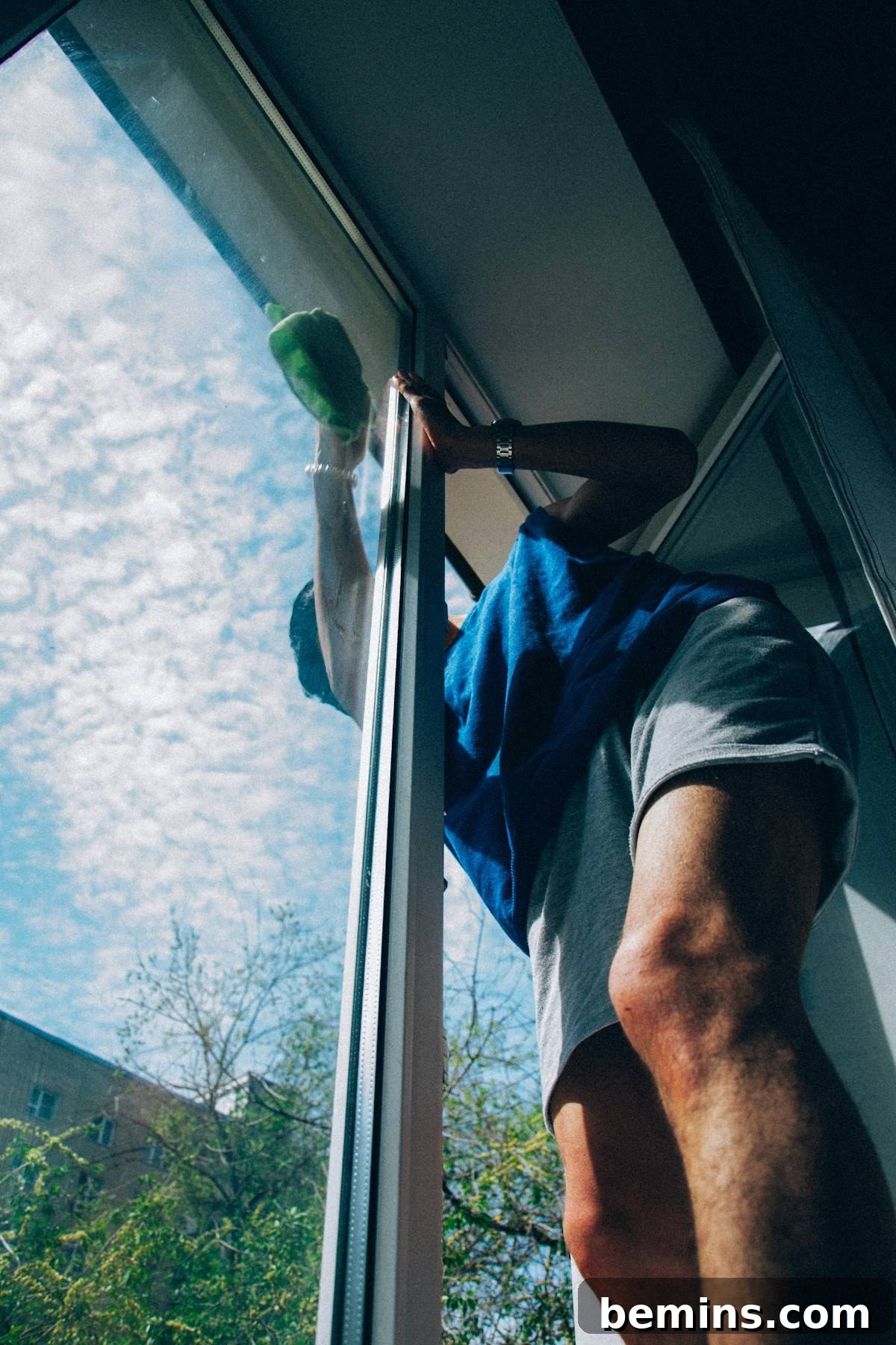 Person cleaning windows on a ledge, demonstrating proper window cleaning technique