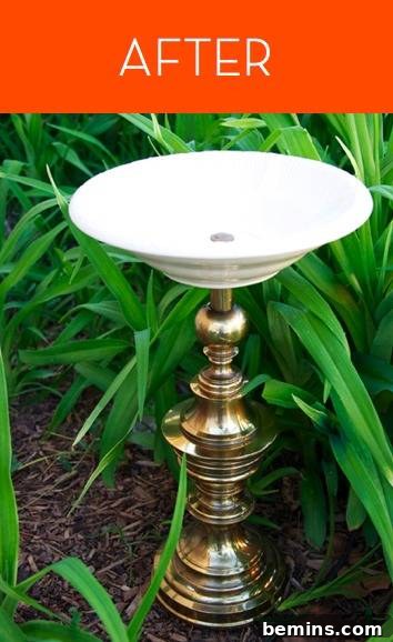 Turning Lamps into Unique Birdbaths 3 Finished DIY bird bath in a garden setting