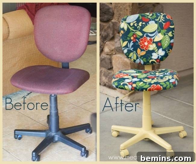 Before and after photos of painted and reupholstered office chair