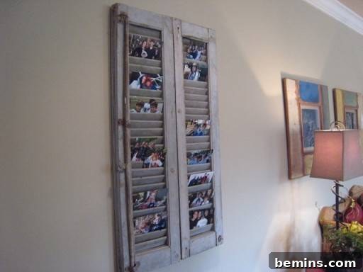 Old window shutters used for picture frames.