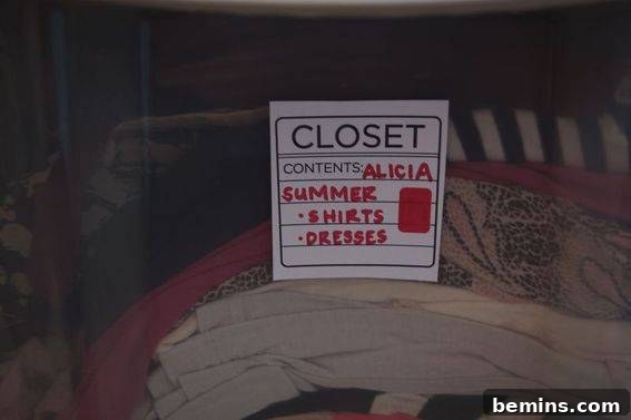 Clothes organized in labeled bins