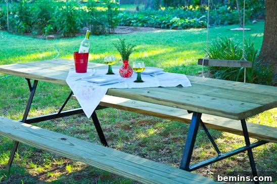 Finished Extra Large Wooden Picnic Table with Flower Vase and Drinking Glasses