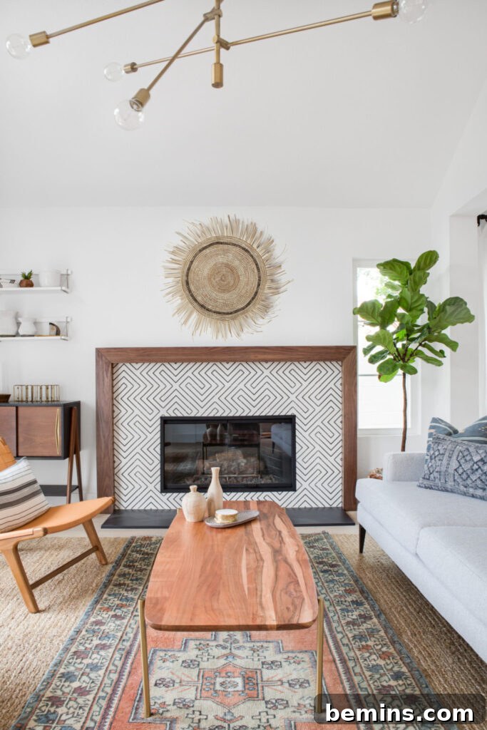 Inspired Fireplace Tile Designs for a Warm Home 8 Back and white patterned tile fireplace from Clé Tile. Design: Lindye Galloway; Photography: Chad Mellon.