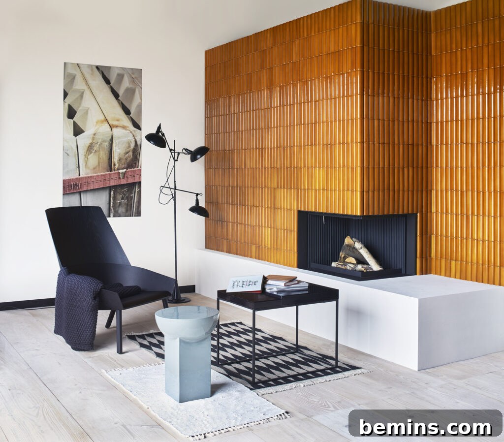 Orange Geometric Two-Sided Tiled Fireplace
