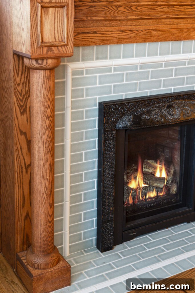 Tiled fireplace.