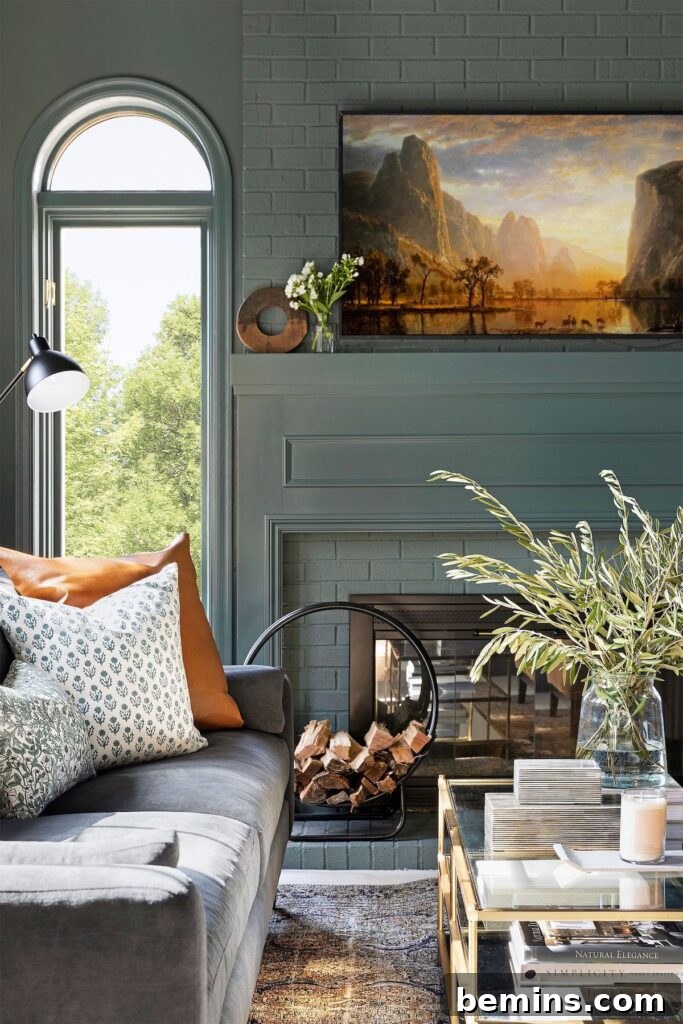 Painted brick and matching mantel adds a contemporary feel to this traditional fireplace.